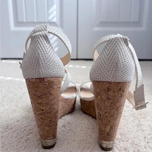 Jimmy Choo White Woven Leather Portia Cork Wedge Platform Sandals Sz 38.5 US 8.5 - Picture 7 of 11